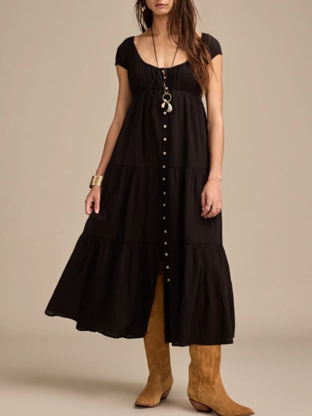 Lucky Brand Black Button Front Tiered Maxi Dress XS